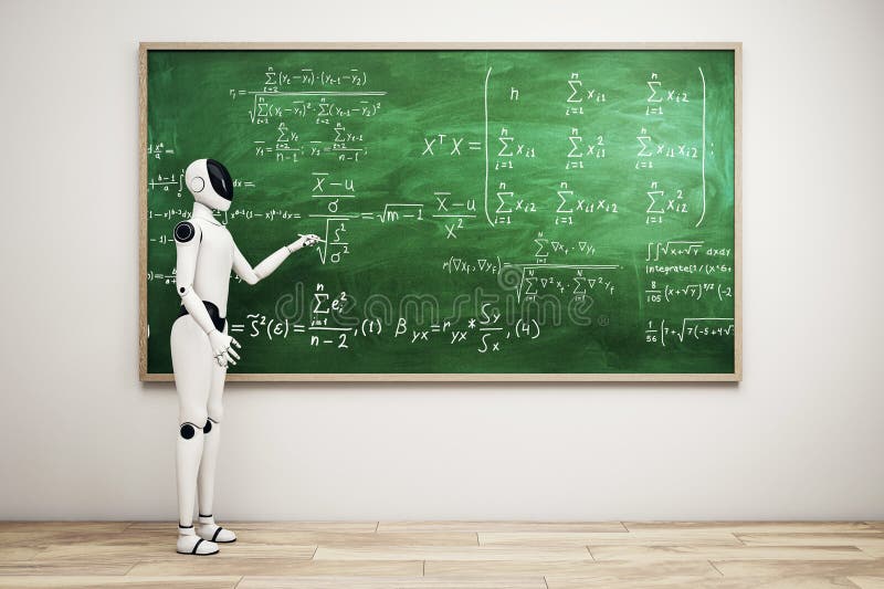 Futuristic humanoid robot solving complex math equations on chalkboard in classroom setting with wooden floor and light wall stock illustration