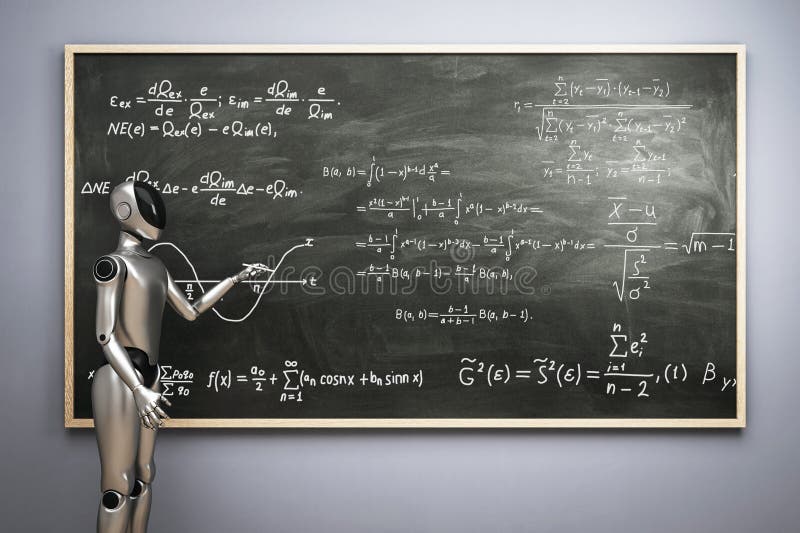 Futuristic humanoid robot solving complex mathematical equations on a chalkboard in a modern classroom setting with a gray vector illustration