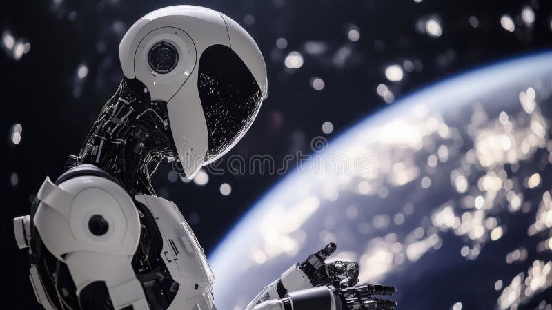 Futuristic humanoid robot in space with earth in the background interacting with ai technology and advanced robotics systems royalty free illustration