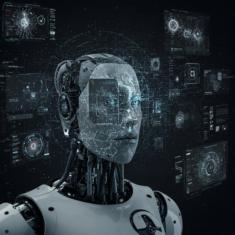 A futuristic humanoid robot with a translucent face, showcasing intricate digital patterns and circuitry. royalty free illustration