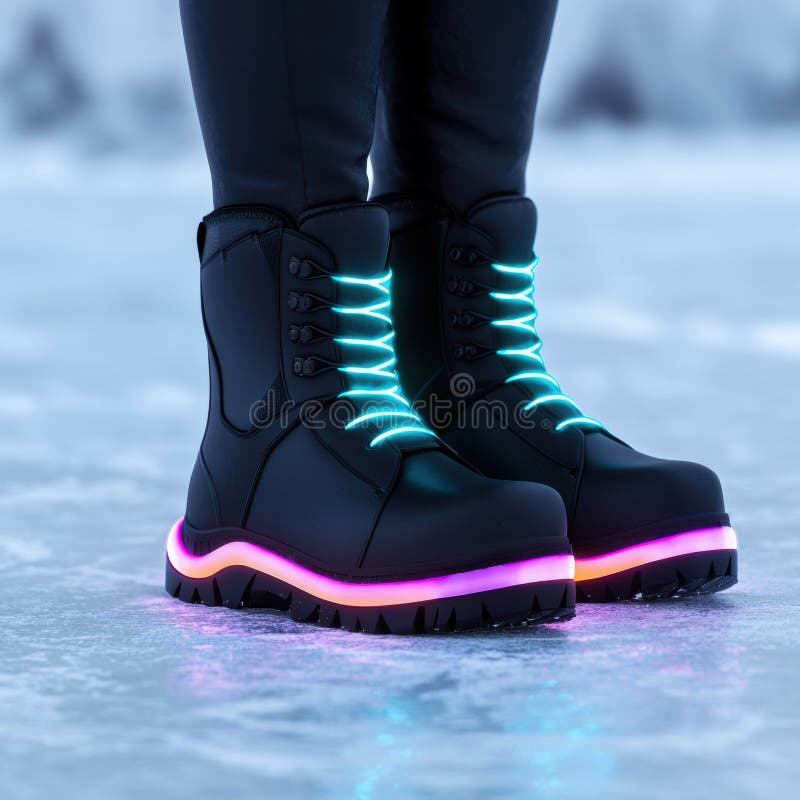 Futuristic Illuminated Boots on Icy Surface. Created with the help of Generative AI tools.