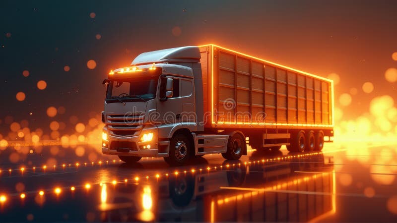 Futuristic Illuminated Cargo Truck on Highway at Night vector illustration