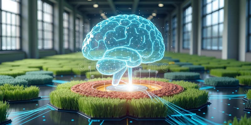 Neuromorphic AI Brain in a Futuristic Green Garden vector illustration