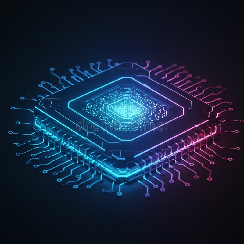 Futuristic illustration of a glowing microchip with intricate circuit lines extending stock illustration