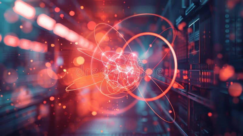 A futuristic image of a schematic atom at the background of nuclear power plant, AI. Schematic atom stock images, royalty-free photos and pictures