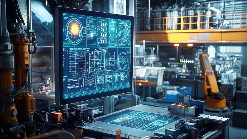 Futuristic industrial factory automation software showing manufacturing process data on computer screen vector illustration
