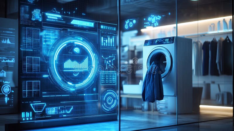 Futuristic industrial laundry room featuring high tech washing machine and digital interface decor stock illustration