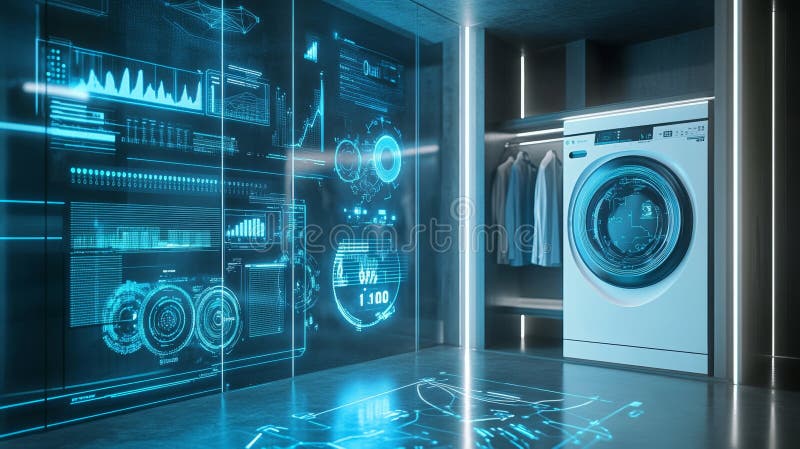 Futuristic industrial laundry setup digital washing machine in high tech blue illuminated space stock illustration