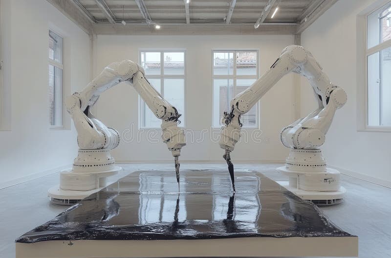 Futuristic industrial robots working collaboratively on metal in a modern workshop royalty free stock image