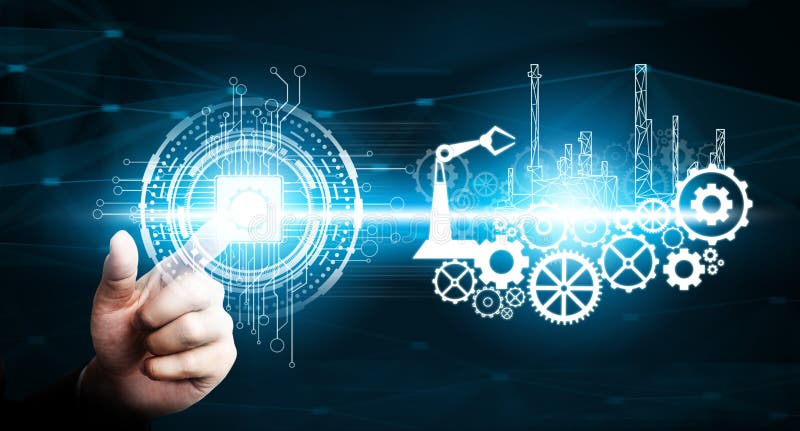 Futuristic industry 4. 0 concept - Engineering with graphic interface showing automation design, robot operation, usage of machine deep learning for future manufacturing. Digital system concept stock images, royalty-free photos and pictures