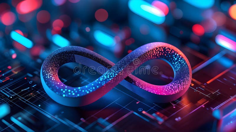 Futuristic infinity symbol, neon colors, representing technology and innovation stock photo