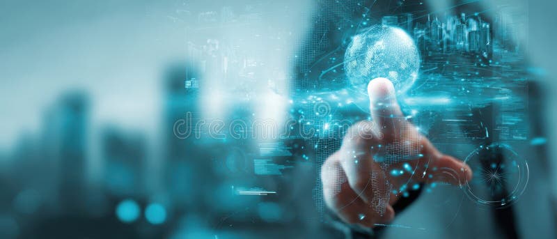 The futuristic interaction with a digital globe in a modern urban setting. image stock photo.