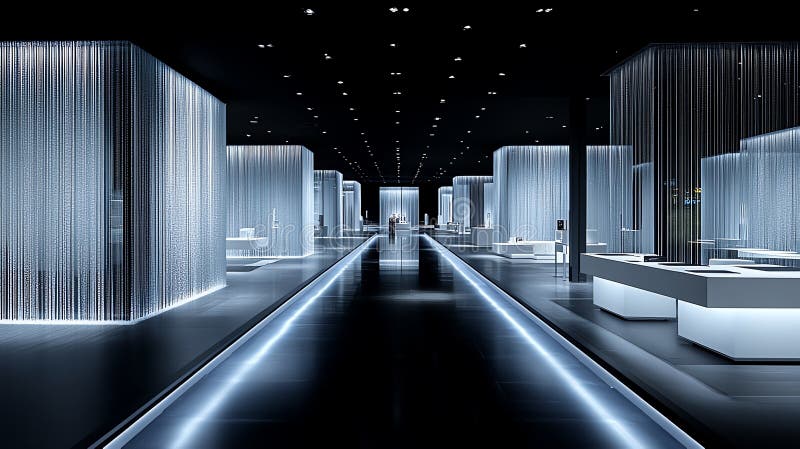 Futuristic interior design with illuminated pathways and translucent structures stock illustration