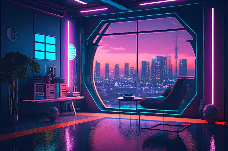 Futuristic Interior with Dystopian Cyberpunk Megapolis View Behind the ...