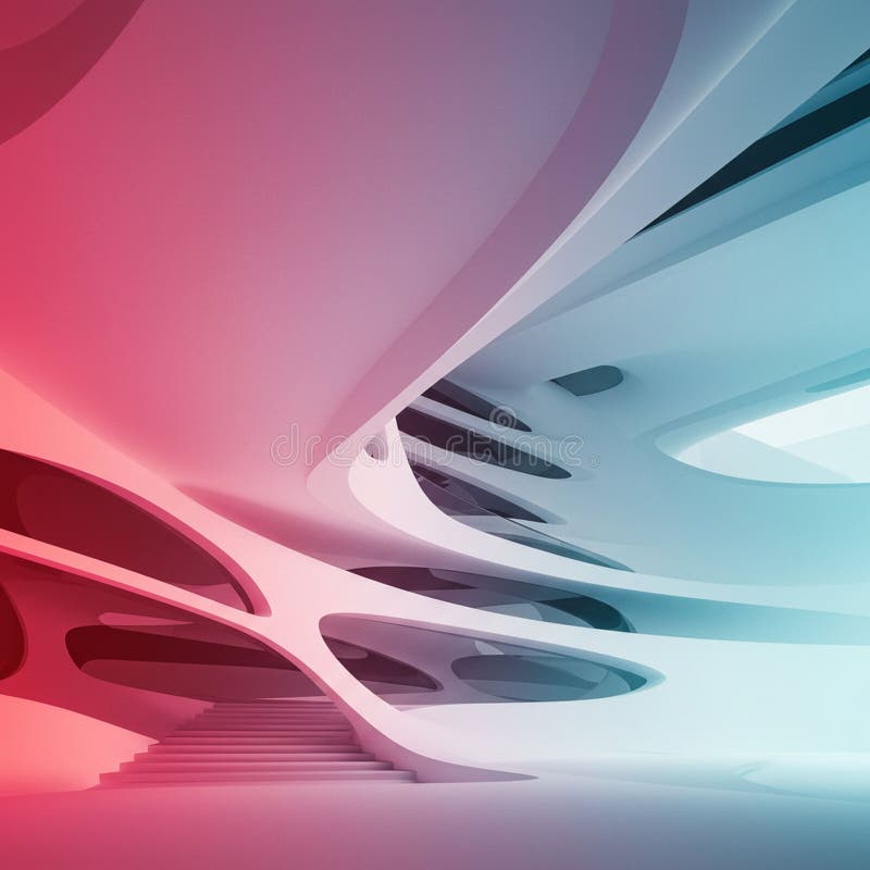 Futuristic interior featuring smooth flowing curves and large elliptical openings in ceilings walls the structure combines red libre illustration