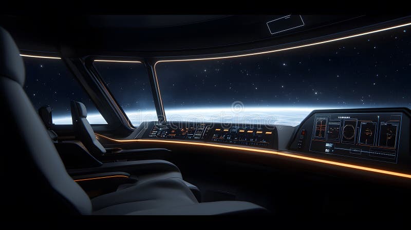 Futuristic Interior of a Spaceship Cockpit with Ambient Glowing Light and a View of Earth from Space, Modern Control Panels, and royalty free illustration