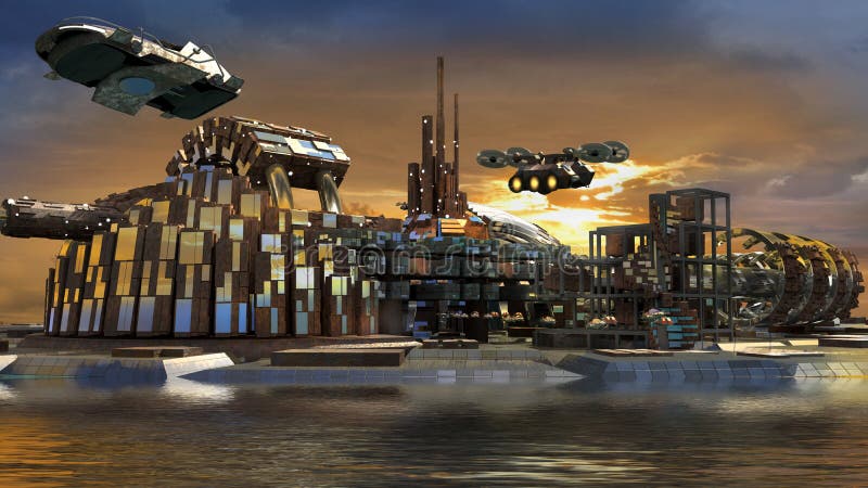 iFuturistic Islandi City With Hoovering Aircrafts Stock 