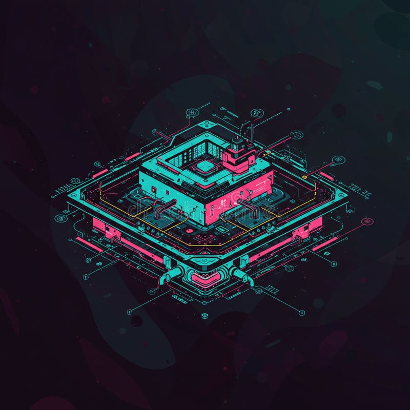 Futuristic isometric artwork featuring a complex cube-like structure illuminated with stock illustration