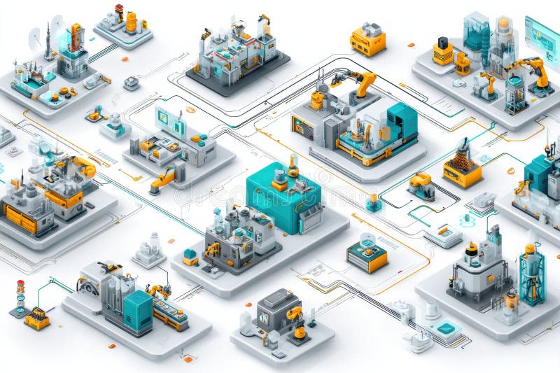 Detailed view of a modern factory design showcasing robotic arms, assembly lines, and automated processes within an isometric framework. Controls automation stock images, royalty-free photos and pictures