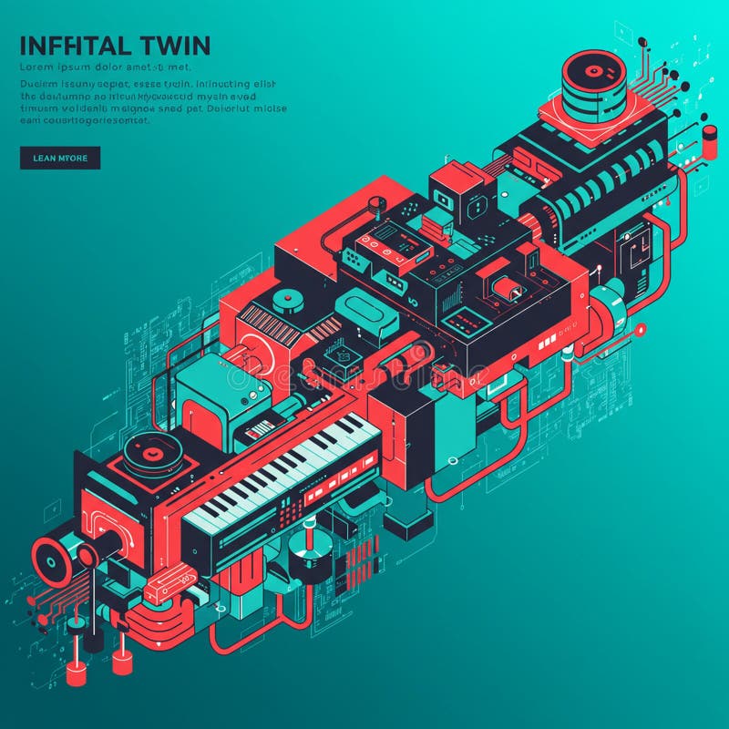 Futuristic isometric illustration displaying a complex, abstract machine composed of vector illustration