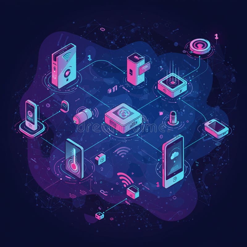Futuristic isometric illustration of Internet of Things (IoT) network in a digital stock illustration