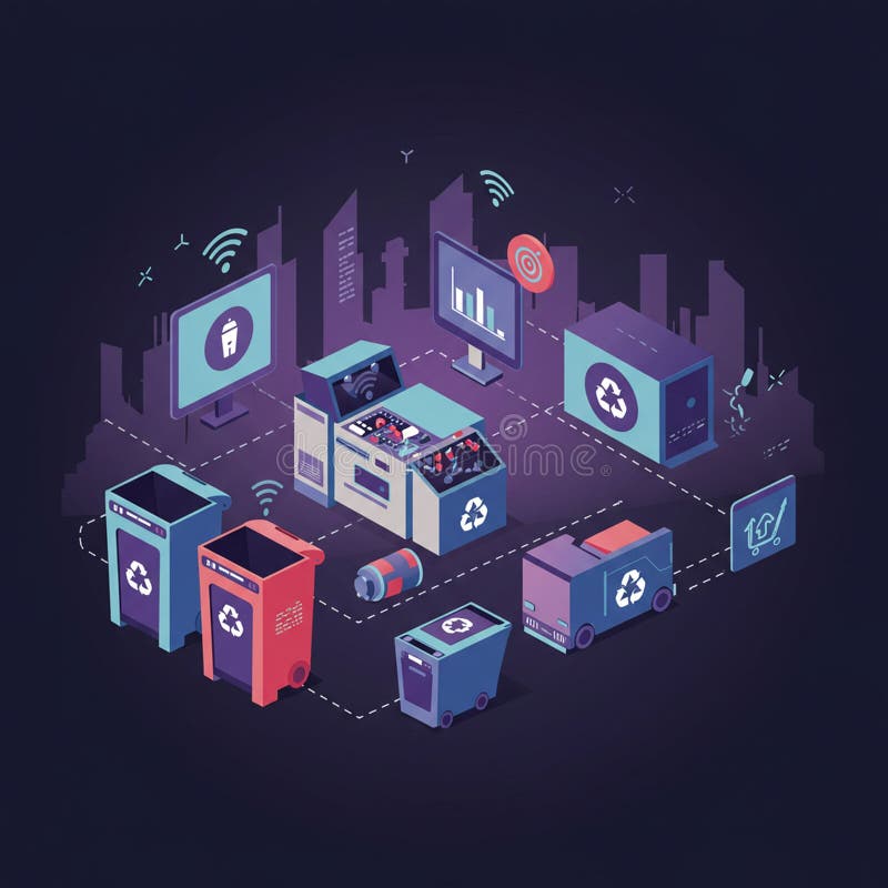 Futuristic isometric illustration of a smart recycling system. Features colorful vector illustration