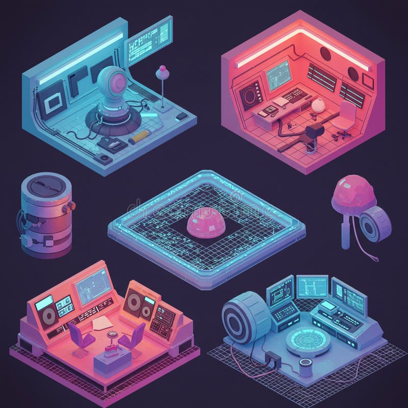 Futuristic, isometric illustrations depict various sci-fi control panels and devices. The vector illustration