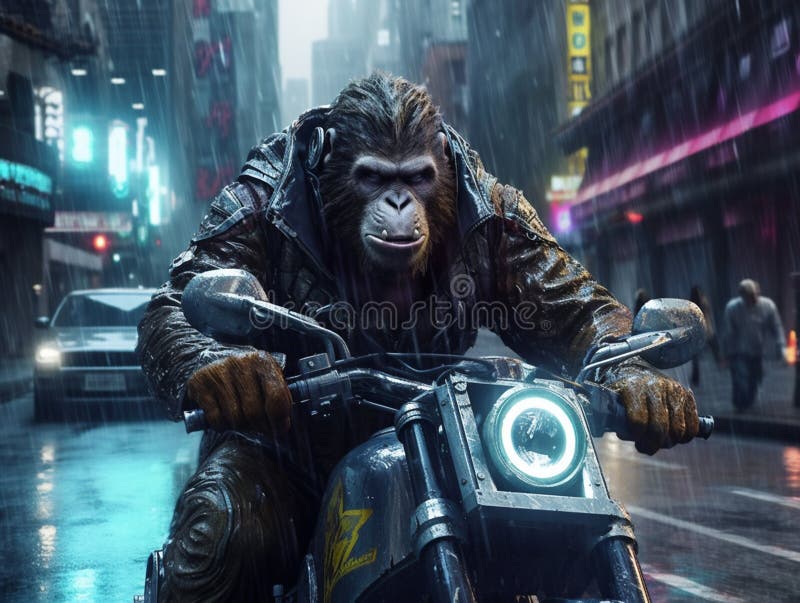 Futuristic King Kong Ride a Bike Generative AI Stock Illustration