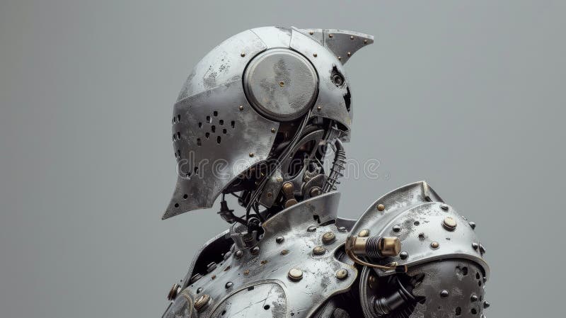 Futuristic knight-like robot with detailed cybernetic plating stock photography