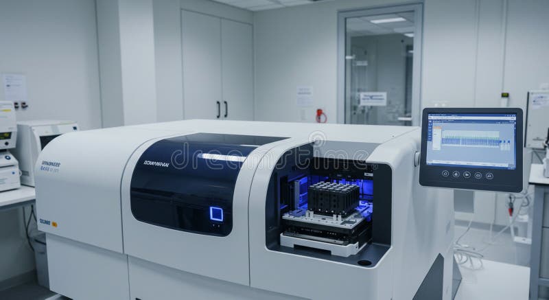 Futuristic laboratory interior featuring a sophisticated medical analyzer. The machine vector illustration