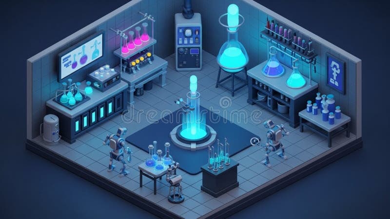 Futuristic laboratory with robots and advanced scientific equipment vector illustration