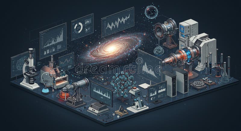 A futuristic laboratory scene featuring advanced scientific equipment, including stock illustration
