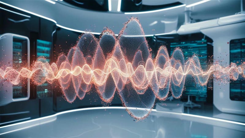 Abstract waveform visualization in a futuristic laboratory with glowing elements shown stock illustration