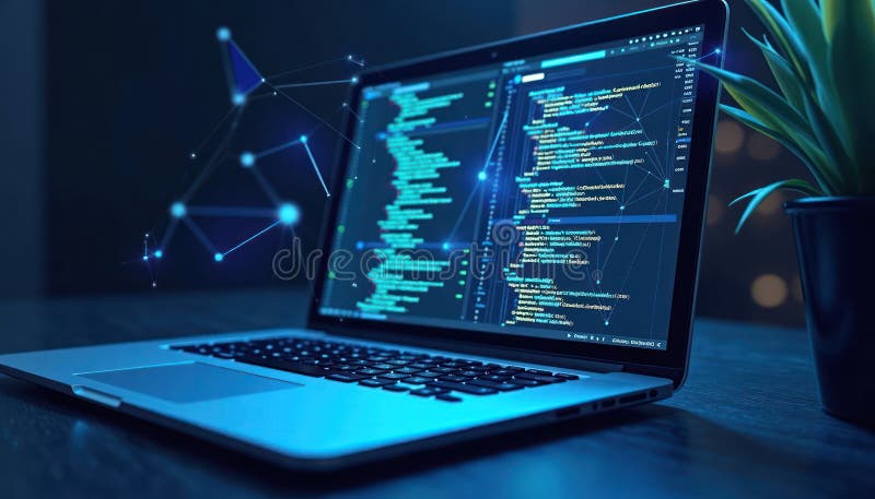 Futuristic laptop screen shows complex coding. Blue geometric design represents software development. Abstract network design stock illustration