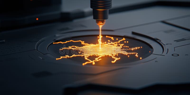 Futuristic laser creating intricate patterns on high tech surface stock illustration
