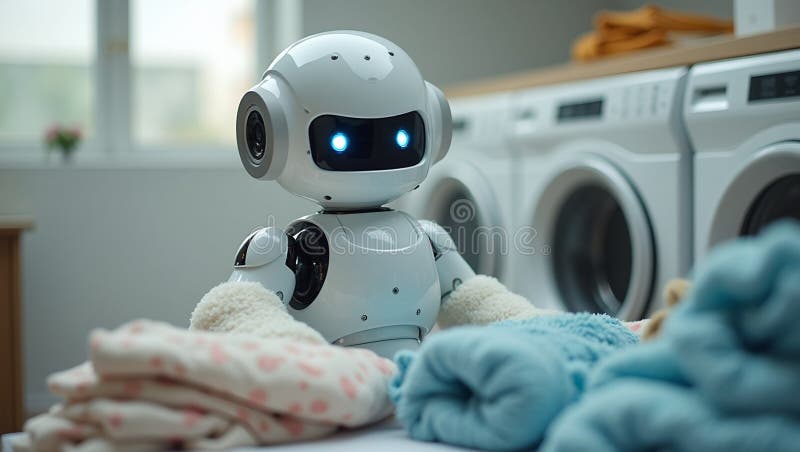 Futuristic laundry folding robot neatly organizing clothes in a modern laundry room royalty free illustration