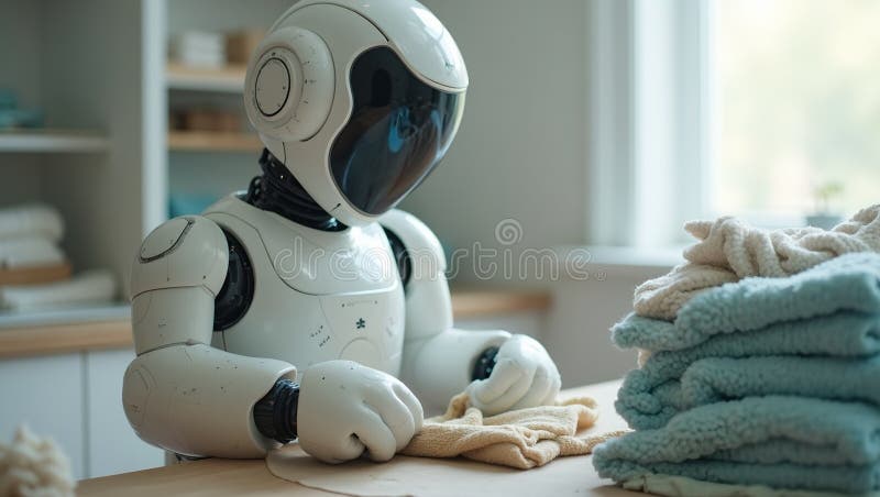 Futuristic laundry folding robot neatly organizing clothes in a modern laundry room royalty free illustration