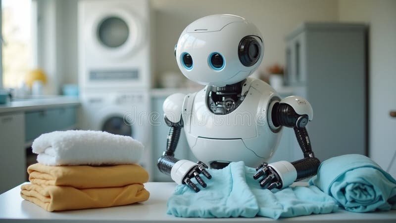 Futuristic laundry folding robot neatly organizing clothes in a modern laundry room stock illustration