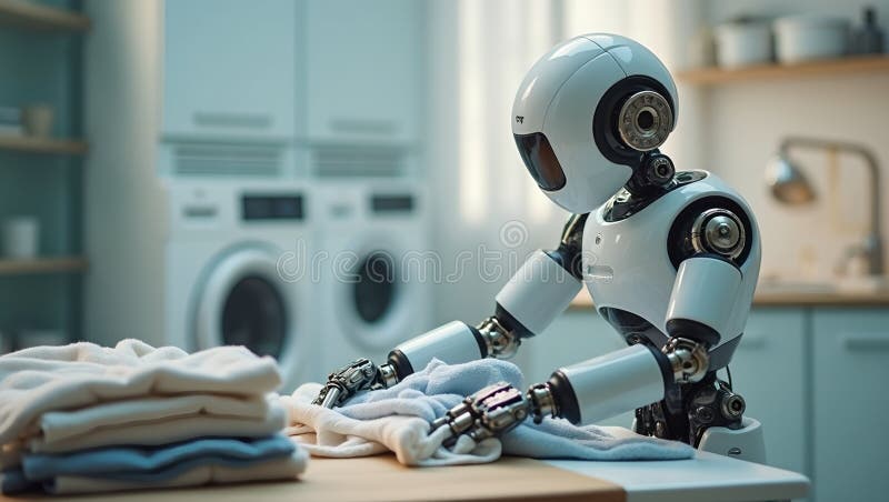 Futuristic laundry folding robot neatly organizing clothes in a modern laundry room stock illustration