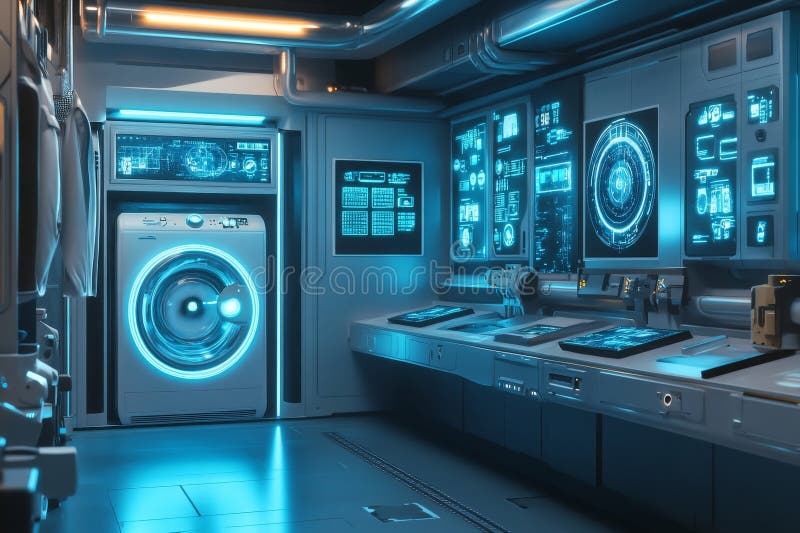 Futuristic laundry room featuring advanced washing machine and holographic control interfaces royalty free illustration