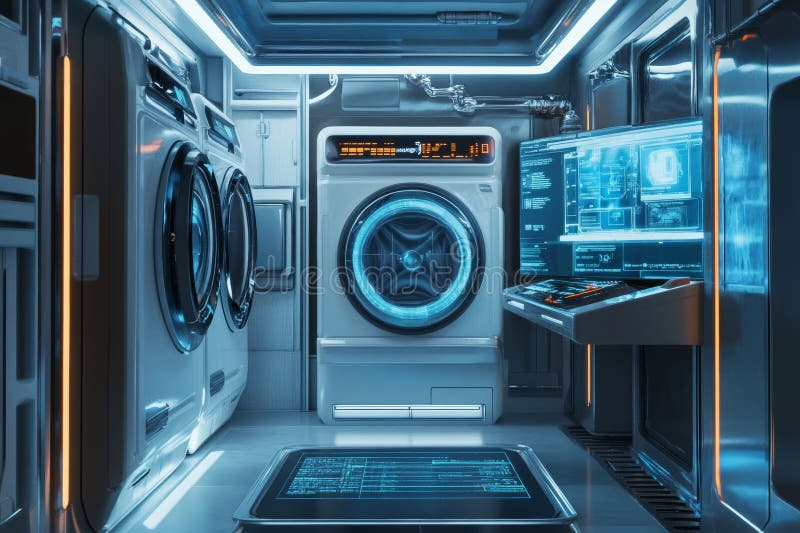Futuristic laundry room featuring advanced washing machine and holographic control interfaces vector illustration