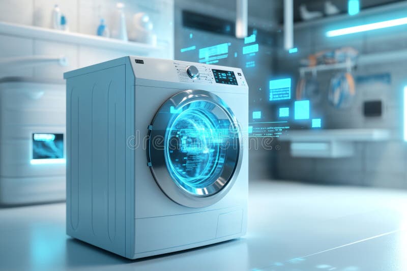 Futuristic laundry room featuring advanced washing machine and holographic displays in blue tones stock illustration