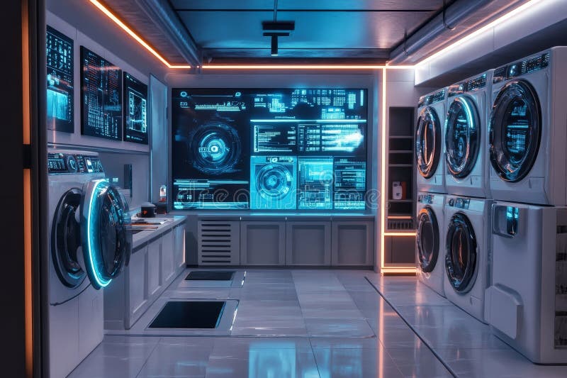 Futuristic laundry room featuring advanced washing machines and innovative holographic interfaces vector illustration