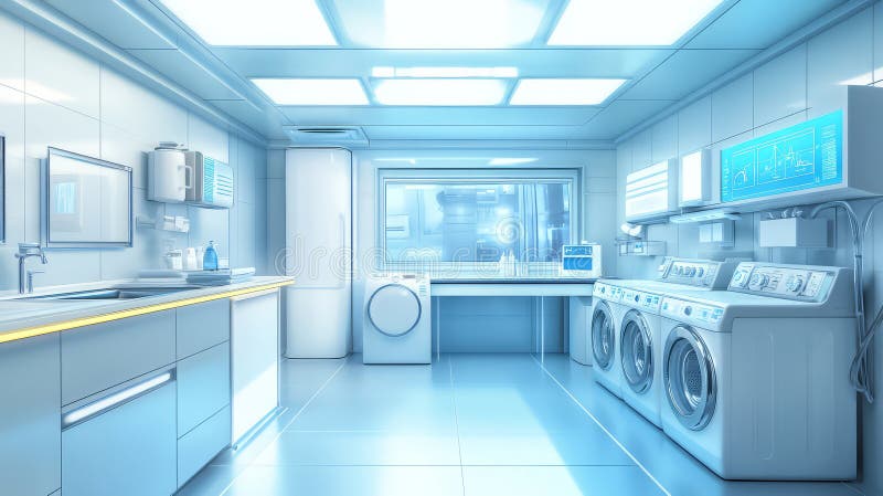 Futuristic laundry room featuring smart washing machines, sleek design, and bright lighting creates efficient space for stock illustration