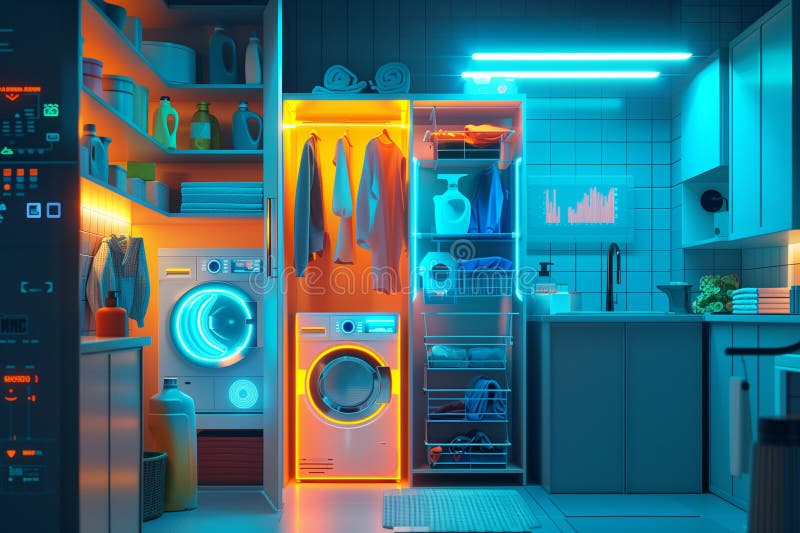 Futuristic laundry room with high technology appliances and holographic displaying controls digital interface stock illustration