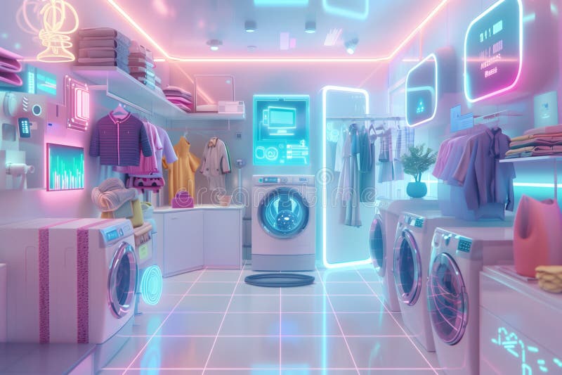 Futuristic laundry room with high technology appliances and holographic displaying controls digital interfaces vector illustration