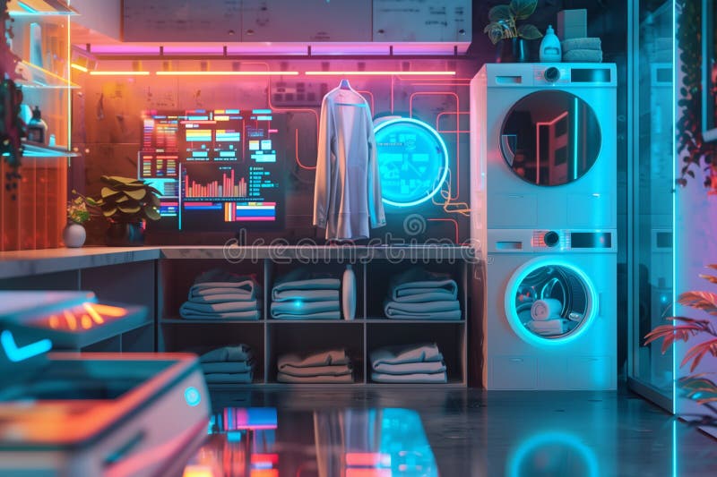 Futuristic laundry room with high technology appliances and holographic displaying controls digital interfaces on washing in smart modern home.