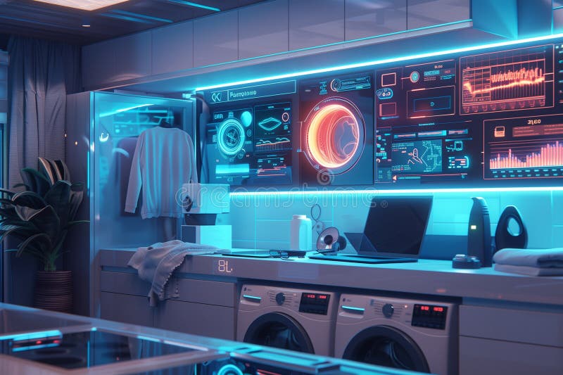Futuristic laundry room with high technology appliances and holographic displaying controls digital interfaces stock illustration