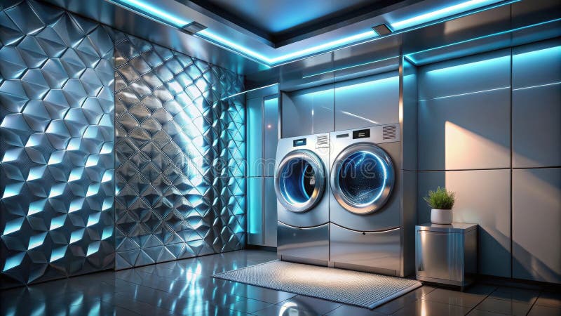 Futuristic laundry room with modern appliances and geometric wall design. Generative AI stock illustration