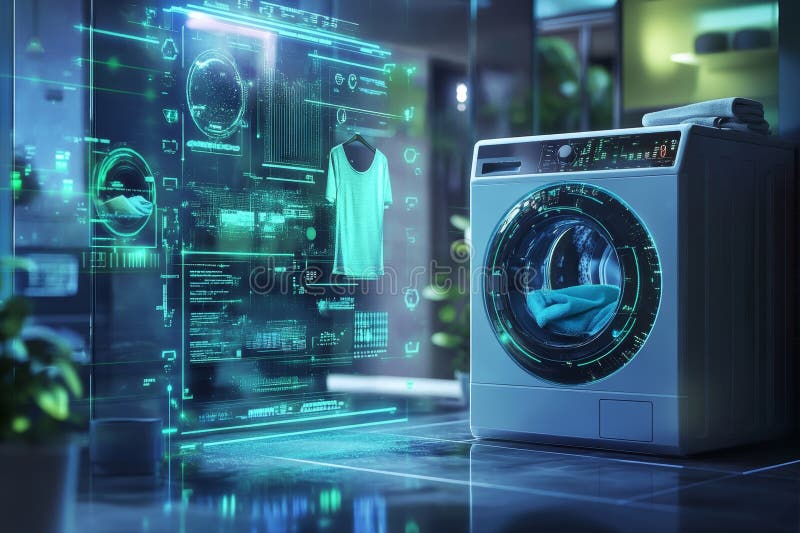 Futuristic laundry room with smart washing machine and eco friendly energy management system vector illustration
